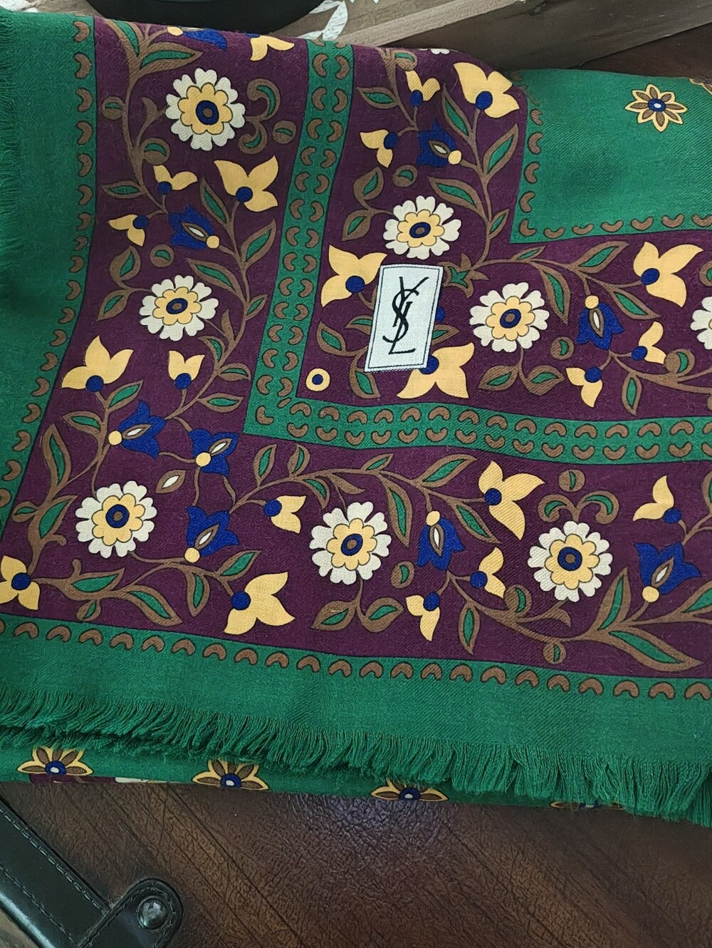 Yves Saint Laurent Green & Purple Floral Wool/Silk Scarf. Approx 54 X 54 - Picture 3 of 4